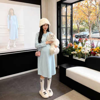 Φόρεμα μητρότητας από βαμβάκι με κουμπιά μπροστά, στρογγυλή λαιμόκοψη, μακριά μανίκια, φαρδύ σιλουέτα, μακρύ μήκος