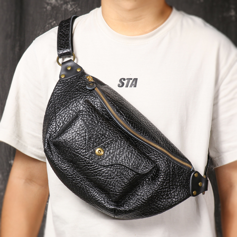 Muška torbica za prsa od prave kože, koža prvog sloja, crossbody, ergonomski dizajn za smanjenje opterećenja, jednobojni uzorak, podstava od poliester-pamuk