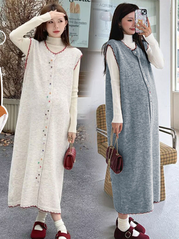 Trudnički set: pleteni prsluk s kopčama i suknja, dugi rukavi, top, korejski stil, jesen-zima 2025, poliester s akrilom 30–50% i spandex <30%