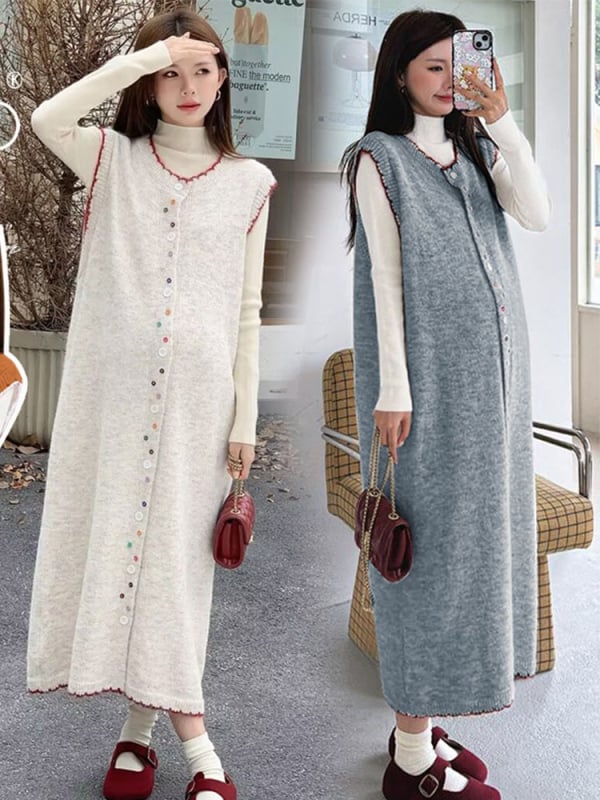 Trudnički set: pleteni prsluk s kopčama i suknja, dugi rukavi, top, korejski stil, jesen-zima 2025, poliester s akrilom 30–50% i spandex <30%