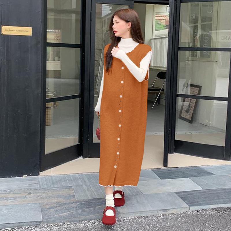 Trudnički set: pleteni prsluk s kopčama i suknja, dugi rukavi, top, korejski stil, jesen-zima 2025, poliester s akrilom 30–50% i spandex <30%