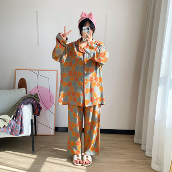 Комплект пижами от чист памук: кардиган с яка, топ с дълги ръкави и панталони; лека, дишаща домашна облекло