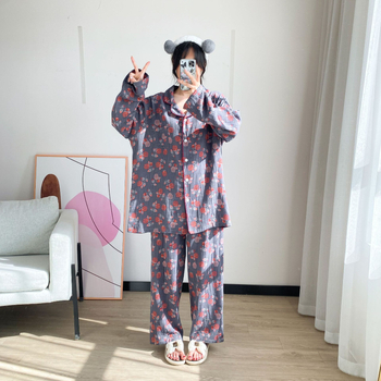 Комплект пижами от чист памук: кардиган с яка, топ с дълги ръкави и панталони; лека, дишаща домашна облекло