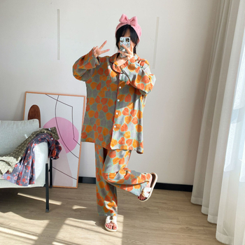 Комплект пижами от чист памук: кардиган с яка, топ с дълги ръкави и панталони; лека, дишаща домашна облекло