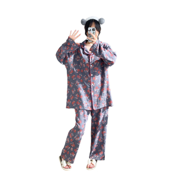 Комплект пижами от чист памук: кардиган с яка, топ с дълги ръкави и панталони; лека, дишаща домашна облекло