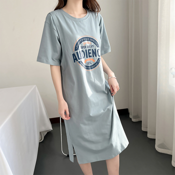 Φόρεμα θηλασμού με πρόσβαση, μίντι Α-γραμμή, βαμβάκι 95%+, στρογγυλή λαιμόκοψη, μανίκια 3/4, ιαπωνο-κορεατικό στυλ χαλάρωσης.