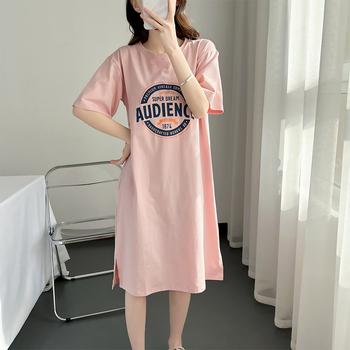 Φόρεμα θηλασμού με πρόσβαση, μίντι Α-γραμμή, βαμβάκι 95%+, στρογγυλή λαιμόκοψη, μανίκια 3/4, ιαπωνο-κορεατικό στυλ χαλάρωσης.