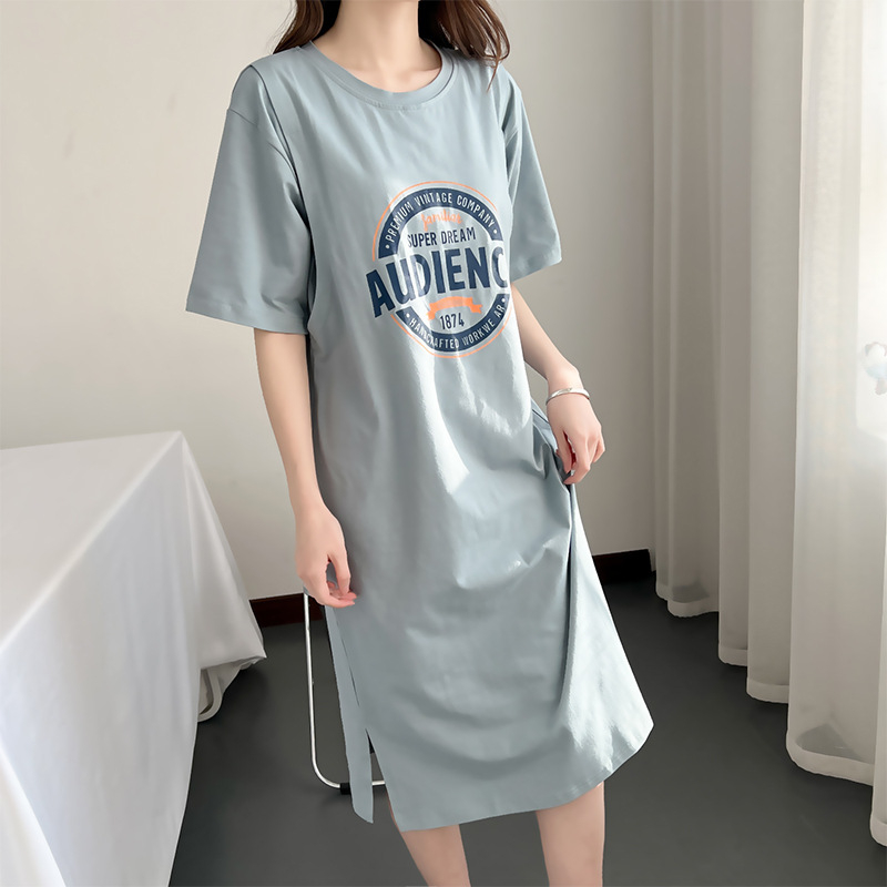 Φόρεμα θηλασμού με πρόσβαση, μίντι Α-γραμμή, βαμβάκι 95%+, στρογγυλή λαιμόκοψη, μανίκια 3/4, ιαπωνο-κορεατικό στυλ χαλάρωσης.