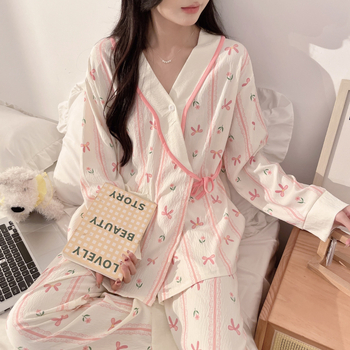 Cloud Cotton set za trudnoće: postpartum, kimono stil, dugi rukavi, hlače, kućna odjeća, proljeće 2025 izdanje, pogodan za sve sezone