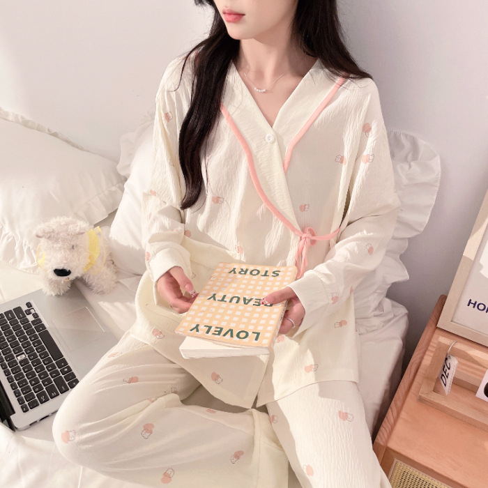 Cloud Cotton set za trudnoće: postpartum, kimono stil, dugi rukavi, hlače, kućna odjeća, proljeće 2025 izdanje, pogodan za sve sezone