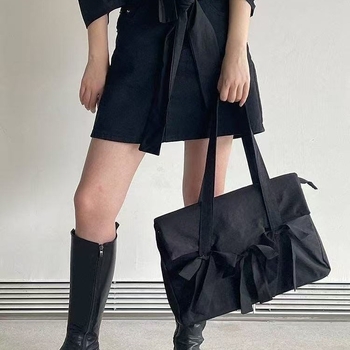 Nylon tote torba s mašnicom, horizontalni kvadratni oblik, zatvarač, unutarnji džep za telefon