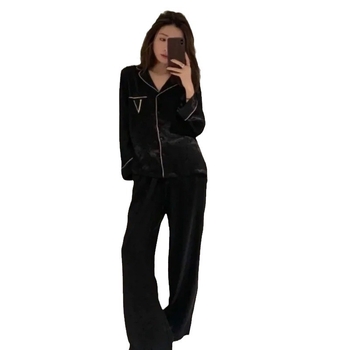 Pajamski set Ice Silk s prugama za parove, dva dijela, ultra-tanki poliester 95–100%, rever ovratnik, dugi rukavi