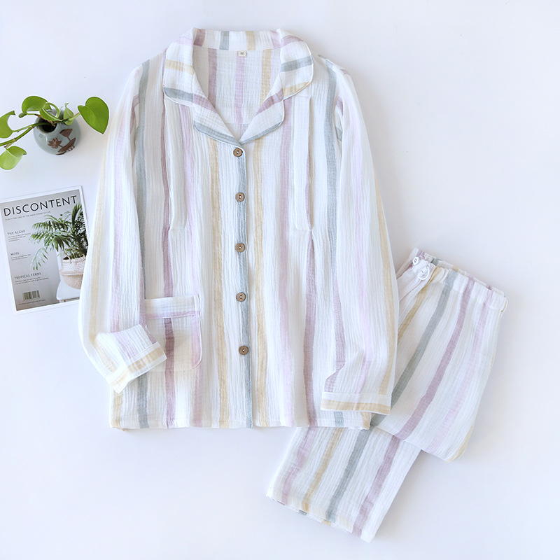 Costum postnatal pentru femei — 100% bumbac, țesătură subțire, mâneci lungi, guler de costum, pantaloni, îmbrăcăminte pentru casă