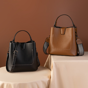 Xifeiqi PU Lychee leather bucket bag cu fermoar, stil stradal, curea dublă, formă vertical pătrată