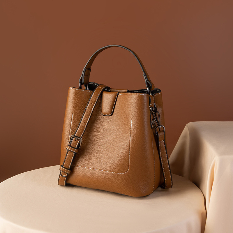 Xifeiqi PU Lychee leather bucket bag cu fermoar, stil stradal, curea dublă, formă vertical pătrată