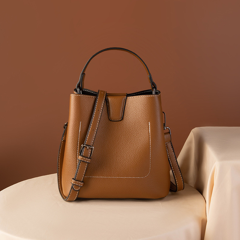 Xifeiqi PU Lychee leather bucket bag cu fermoar, stil stradal, curea dublă, formă vertical pătrată