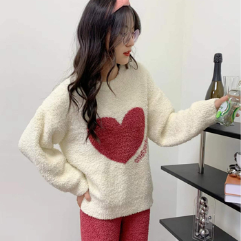 Set de pijamale din Coral Fleece – gros pentru iarnă, Bluza cu guler rotund și mâneci lungi, pantaloni, 90–95% poliester