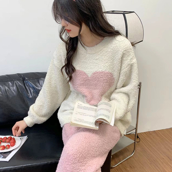 Set de pijamale din Coral Fleece – gros pentru iarnă, Bluza cu guler rotund și mâneci lungi, pantaloni, 90–95% poliester