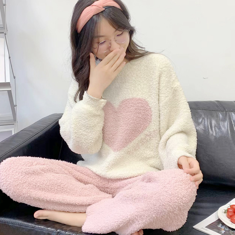 Set de pijamale din Coral Fleece – gros pentru iarnă, Bluza cu guler rotund și mâneci lungi, pantaloni, 90–95% poliester