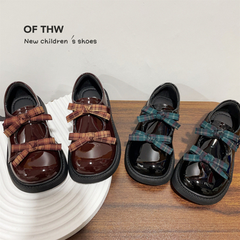 Mocasini pentru fete cu fundă în carouri, piele nubuk pe partea superioară, închidere Velcro, talpă din cauciuc