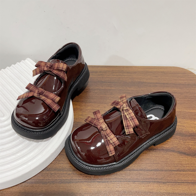 Mocasini pentru fete cu fundă în carouri, piele nubuk pe partea superioară, închidere Velcro, talpă din cauciuc