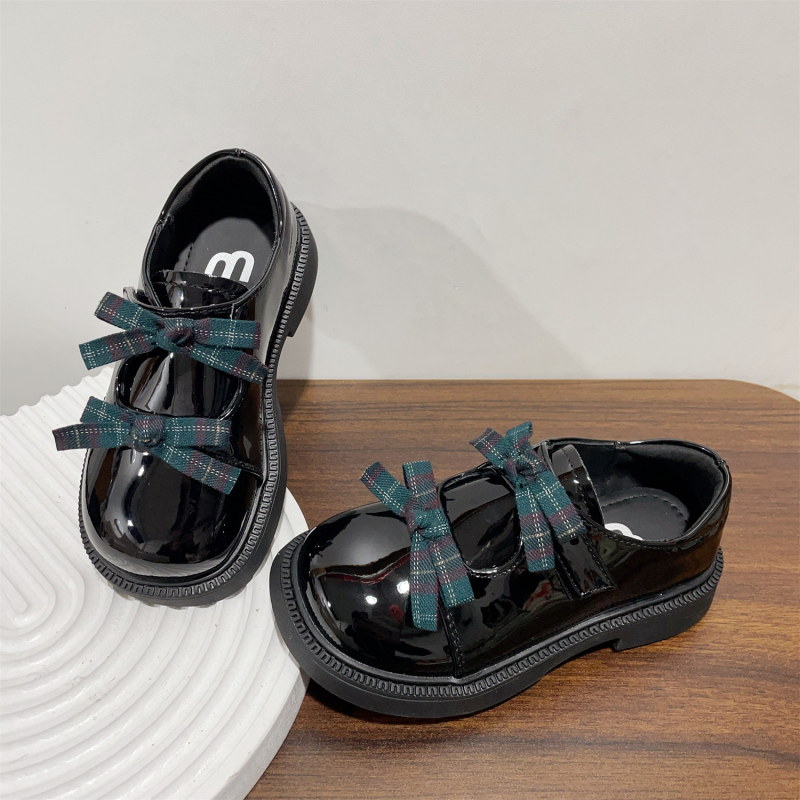 Mocasini pentru fete cu fundă în carouri, piele nubuk pe partea superioară, închidere Velcro, talpă din cauciuc