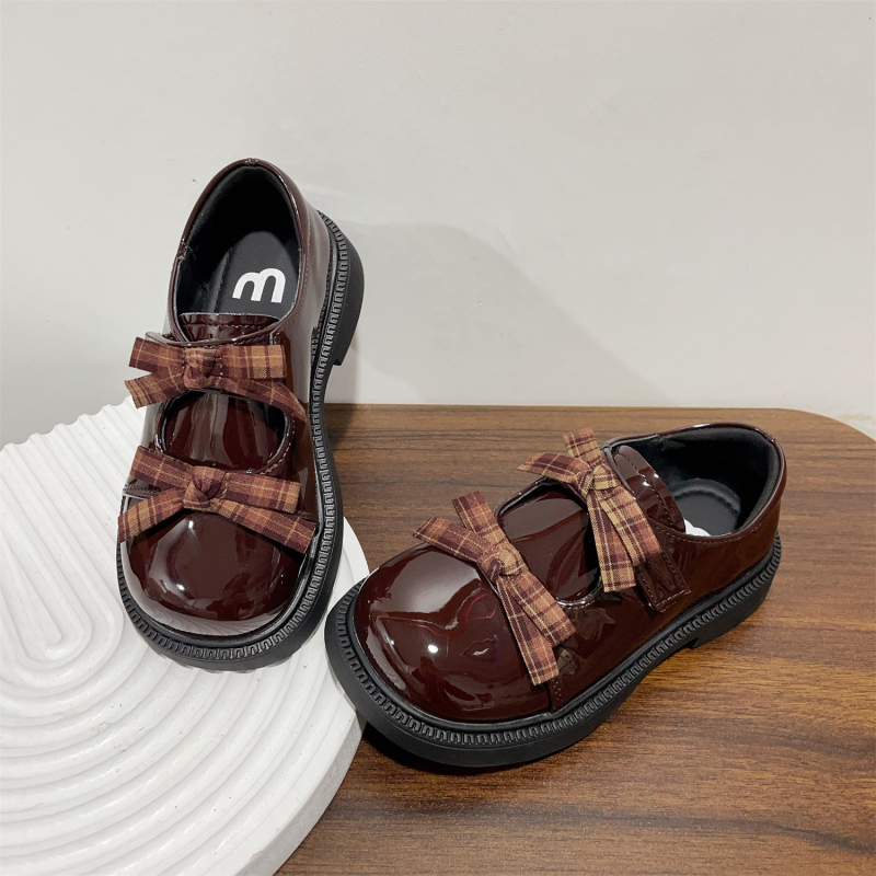 Mocasini pentru fete cu fundă în carouri, piele nubuk pe partea superioară, închidere Velcro, talpă din cauciuc