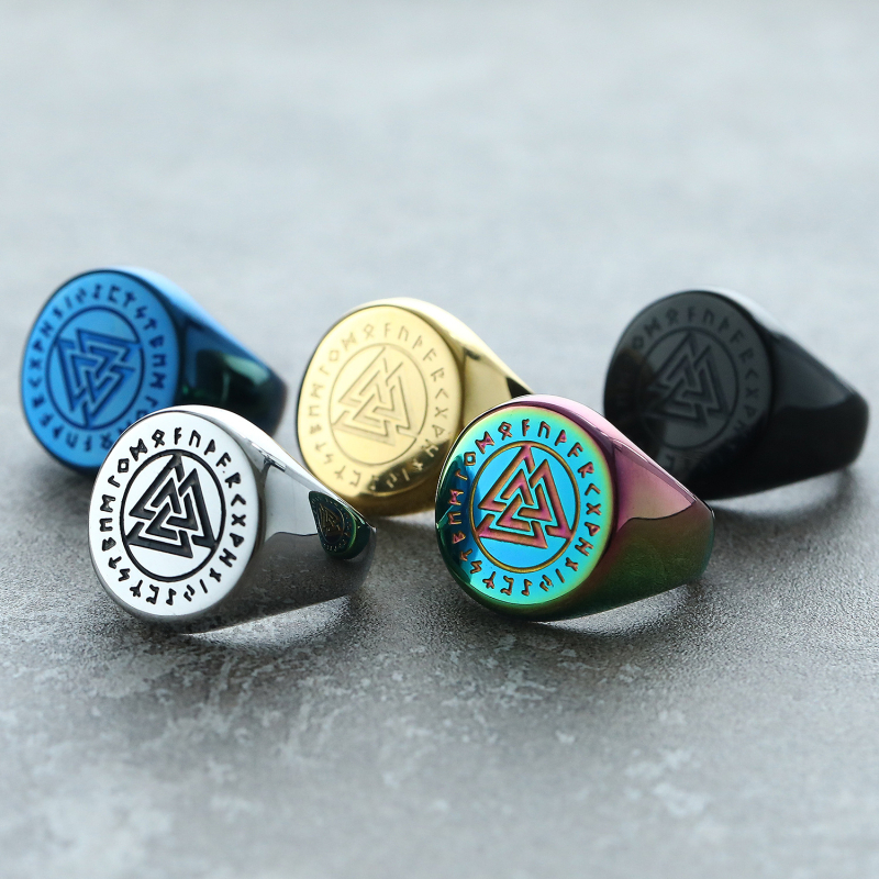 Inel din oțel de titan, design geometric, nod triunghiular, runa Luen Rune