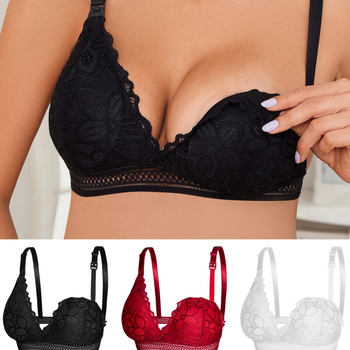 Sutien matern pentru alăptare, dantelă, închidere frontală, fără arc metalic, material nylon, căptușeală nylon (90–95%), bretele fixe duble, cupe subțiri modelate, trei rânduri de închizături la spate, potrivit pentru toate etapele sarcinii