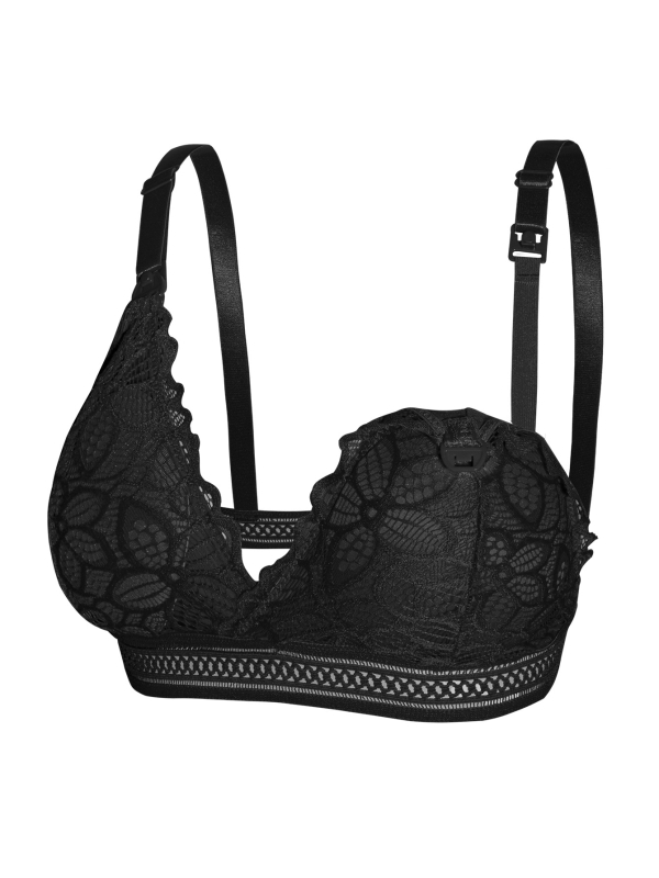 Sutien matern pentru alăptare, dantelă, închidere frontală, fără arc metalic, material nylon, căptușeală nylon (90–95%), bretele fixe duble, cupe subțiri modelate, trei rânduri de închizături la spate, potrivit pentru toate etapele sarcinii