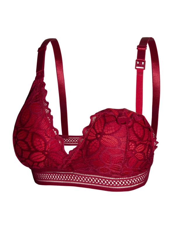 Sutien matern pentru alăptare, dantelă, închidere frontală, fără arc metalic, material nylon, căptușeală nylon (90–95%), bretele fixe duble, cupe subțiri modelate, trei rânduri de închizături la spate, potrivit pentru toate etapele sarcinii