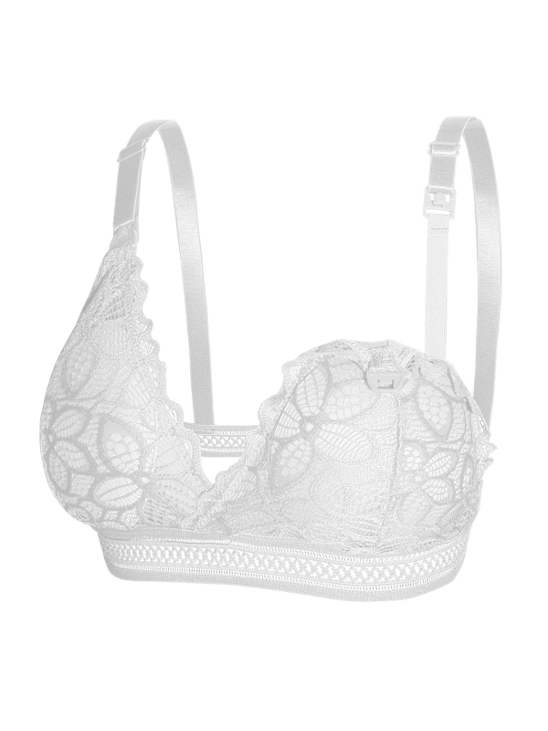 Sutien matern pentru alăptare, dantelă, închidere frontală, fără arc metalic, material nylon, căptușeală nylon (90–95%), bretele fixe duble, cupe subțiri modelate, trei rânduri de închizături la spate, potrivit pentru toate etapele sarcinii