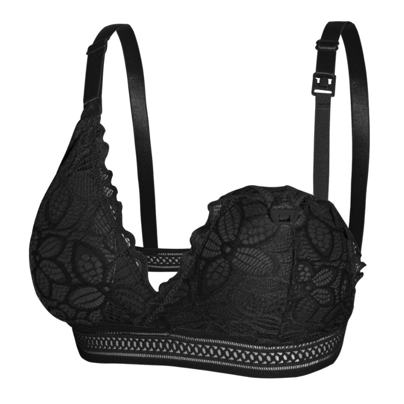 Sutien matern pentru alăptare, dantelă, închidere frontală, fără arc metalic, material nylon, căptușeală nylon (90–95%), bretele fixe duble, cupe subțiri modelate, trei rânduri de închizături la spate, potrivit pentru toate etapele sarcinii