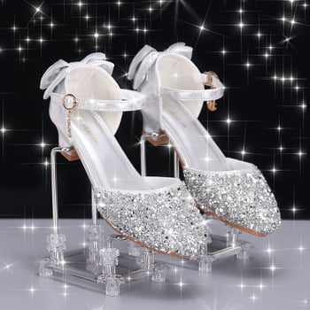 Pantofi cu toc pentru fete, din piele artificială, stil prințesă, accente cristal, pentru reprezentații de dans și recitaluri de pian