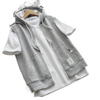 Férfi terry anyagú kapucnis mellény cipzárral, ujjatlan, laza szabású