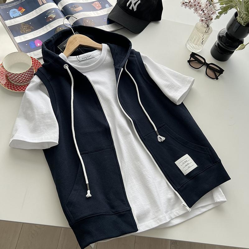 Férfi terry anyagú kapucnis mellény cipzárral, ujjatlan, laza szabású