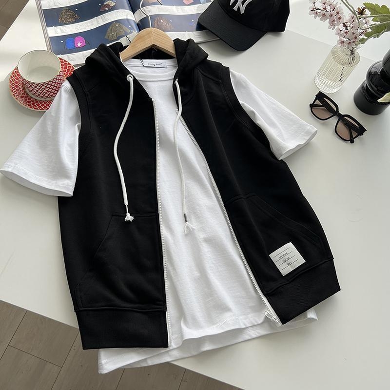 Férfi terry anyagú kapucnis mellény cipzárral, ujjatlan, laza szabású