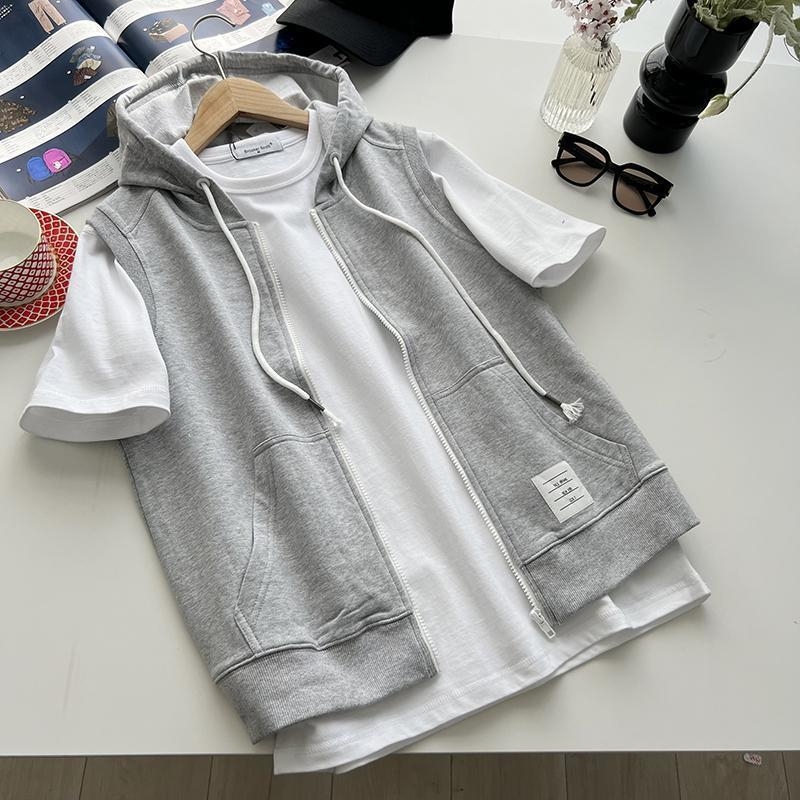 Férfi terry anyagú kapucnis mellény cipzárral, ujjatlan, laza szabású