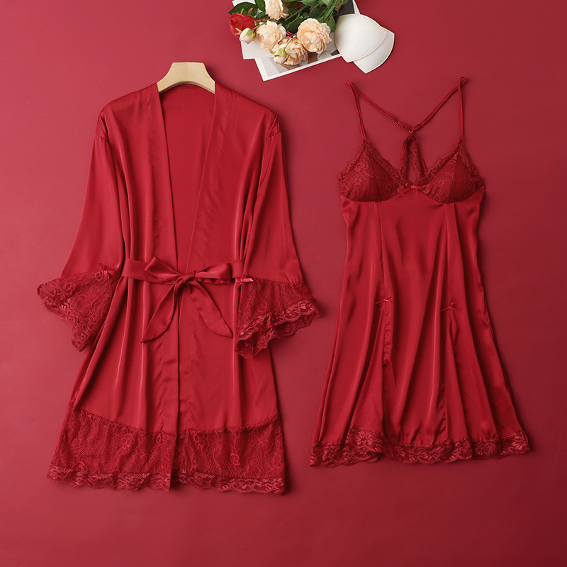 Dvostruki set pidžama od ice silk s V-izrezom i dugim rukavima, tanak materijal 101–120 g/m², poliester