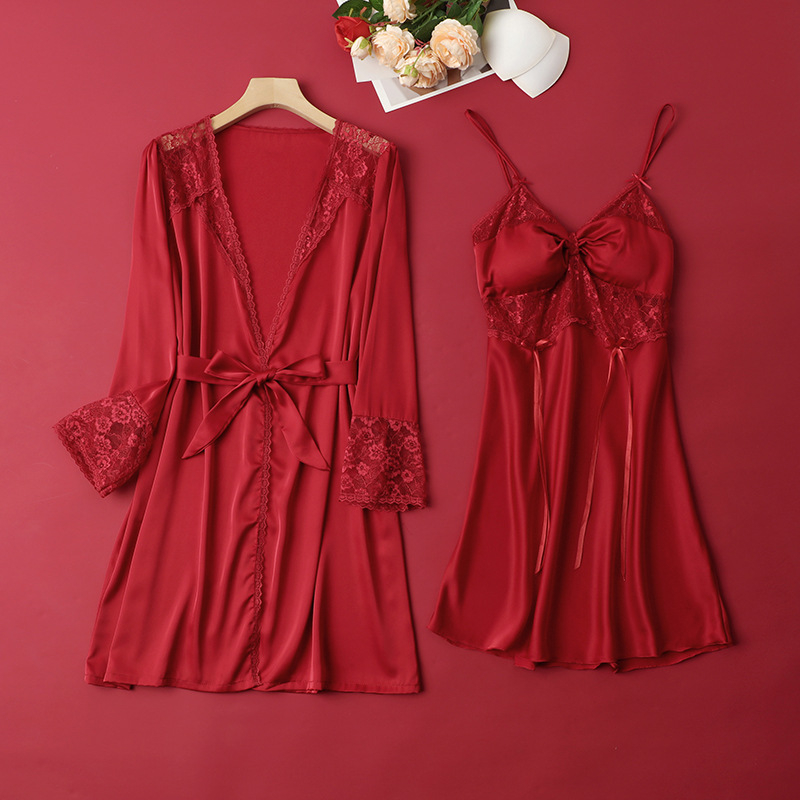 Dvostruki set pidžama od ice silk s V-izrezom i dugim rukavima, tanak materijal 101–120 g/m², poliester