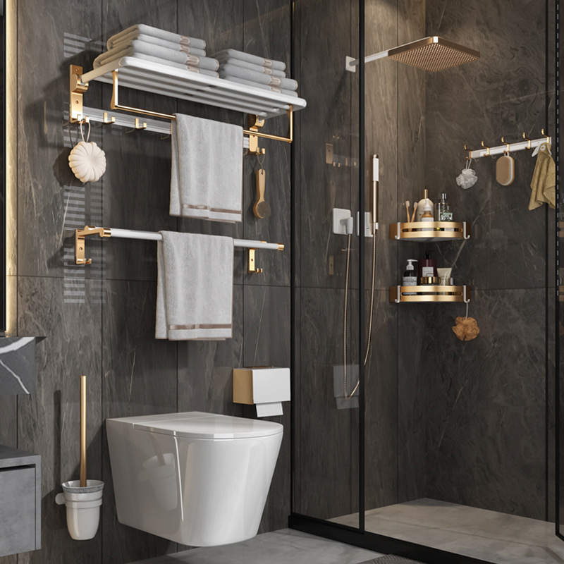 Държач за кърпи за баня, сгъваем, без пробив, платинова алуминиева сплав, 2 нива, оксидирана повърхност