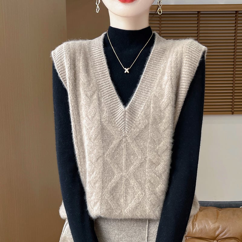 Vesta din lână cu guler în V, 95%+ lână, lungime normală, toamna 2024, stil japonez-coreean