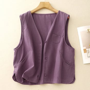 V-neck vest din brocart, stil artistic vintage, închidere cu nasturi pe un rând, lungime 50–65 cm