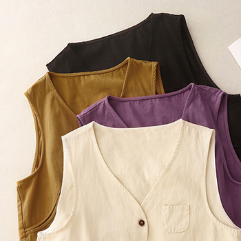 V-neck vest din brocart, stil artistic vintage, închidere cu nasturi pe un rând, lungime 50–65 cm