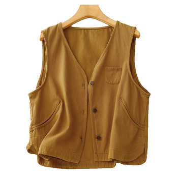V-neck vest din brocart, stil artistic vintage, închidere cu nasturi pe un rând, lungime 50–65 cm