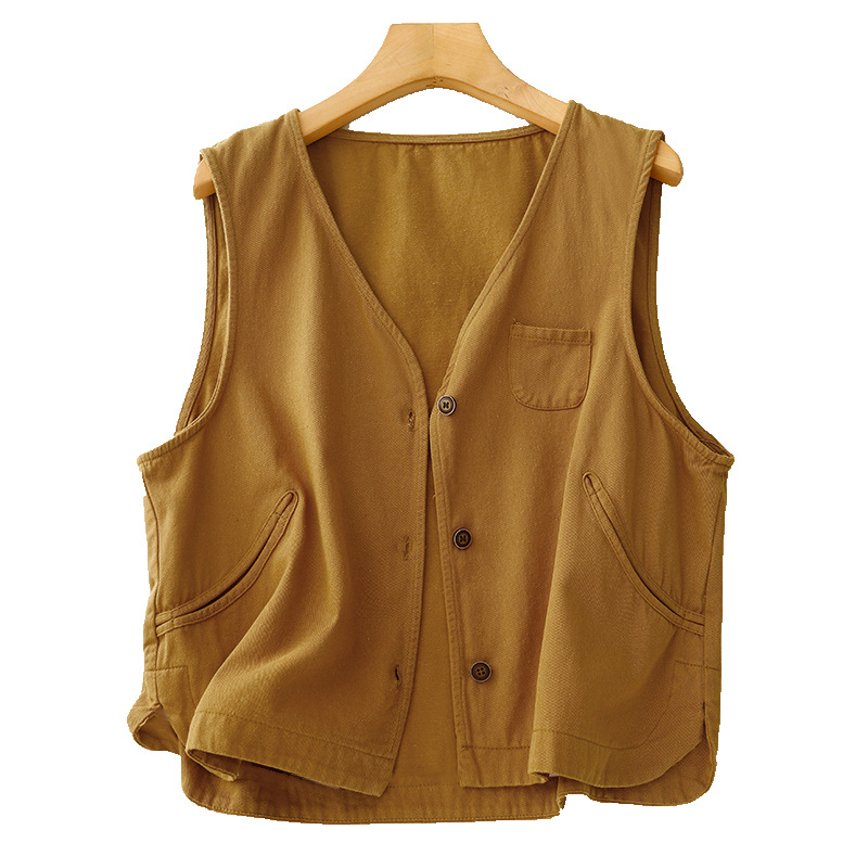 V-neck vest din brocart, stil artistic vintage, închidere cu nasturi pe un rând, lungime 50–65 cm