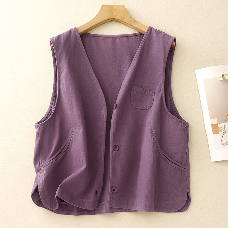 V-neck vest din brocart, stil artistic vintage, închidere cu nasturi pe un rând, lungime 50–65 cm