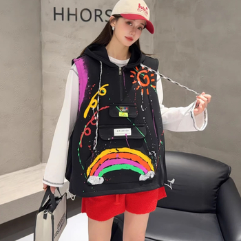 Vesta cu glugă în straturi pentru femei, croi liber, țesătură din bumbac, imprimeu curcubeu, lungime medie