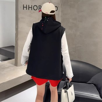 Vesta cu glugă în straturi pentru femei, croi liber, țesătură din bumbac, imprimeu curcubeu, lungime medie