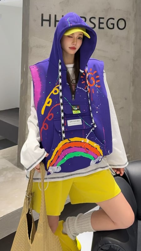 Vesta cu glugă în straturi pentru femei, croi liber, țesătură din bumbac, imprimeu curcubeu, lungime medie